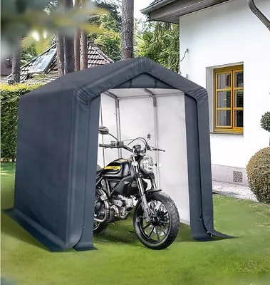 Productafbeelding van Tuinhuis met 2 deuren, fietsenstallingsruimte voor 2 fietsen, motorfietsenstallingsruimte, afmetingen 180x300x200 cm, weerbestendige schuilplaats met 2 ventilatieopeningen, grijs