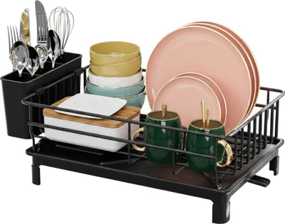 Produktbild von Abtropfgestell Geschirrablage für Spüle Geschirrständer mit Utensilienhalter für Küchentheke 38x26x15 cm, große Kapazität, platzsparendes,Geschirrabtropfgestell mit Abtropffläche, Schwarz