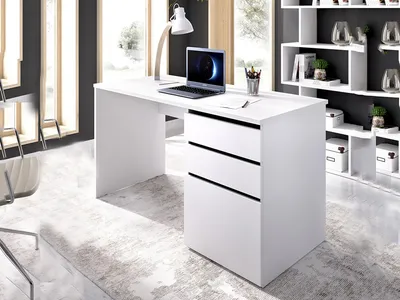 Produktbild von Schreibtisch Dgabbi, Mehrzweckschreibtisch für Büro oder Schlafzimmer, linearer Arbeitstisch mit 2 Schubladen und 1 Tür, 139 x 60 x 75 cm, Weiß