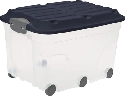 Produktbild von Rotho Aufbewahrungsbox Roller 6 mit Rollen und Deckel 57 L midnight blau
