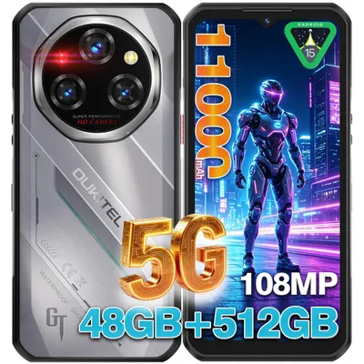 Image de OUKITEL WP62 5G Smartphone Incassable 48Go RAM + 512Go ROM 11000mAh/33W 120Hz 108MP+32MP 6.6" Telephone Portable Incassable Android 15 - Argent
