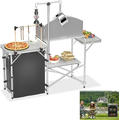 Produktbild von Klappbarer Campingküche Camping-Küchentisch Outdoor Küche mit Abnehmbarer Windschutzscheibe, Verstellbarer Lampenhalter, 3 Arbeitsflächen Reiseküche tragbar für Picknick Camping