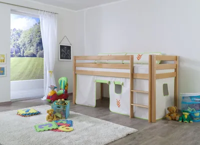 Produktbild von Halbhohes Einzelbett Alex Buche massiv 90x200 cm Natur lackiert mit Stoff-Set