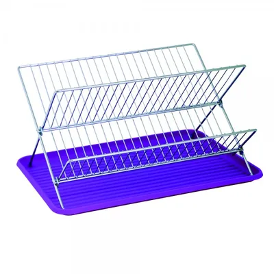 A silver wire dish rack with a purple plastic tray underneath, shown on a white background.