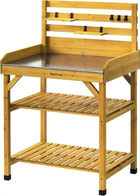 Image de Table de jardin en bois pour l'intérieur et l'extérieur, avec un plateau de travail en métal et des étagères