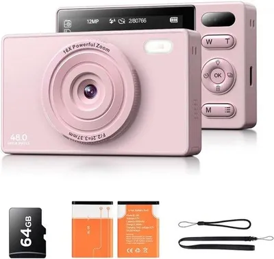 Productafbeelding van 64GB Digitale Kindercamera met 48MP, Anti-Shake en 16X Zoom voor Vloggen en Fotografie