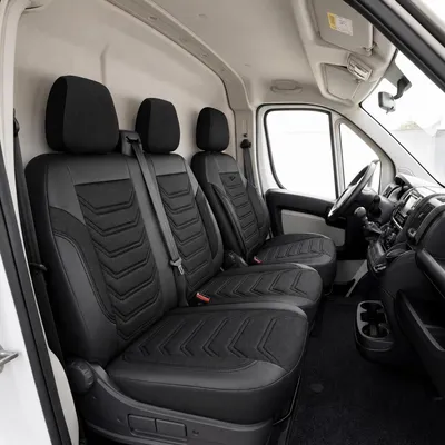 Image de Ensemble complet de housses de siège de luxe PANDA pour FORD TRANSIT CUSTOM MK2, à partir de 2023, en similicuir et tissu, noir et gris