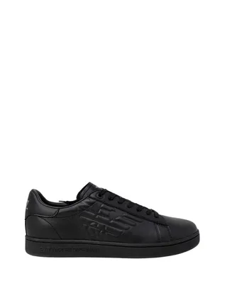A black EA7 sneaker is shown against a white background.