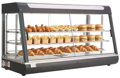 Image de VEVOR, vitrine chauffante à 3 niveaux, capacité 180 litres, puissance 1600 W, température de maintien 30–85 °C, chauffe-plats avec éclairage LED et étagères réglables, idéal pour les hamburgers, pizzas, pains, poulets rôtis