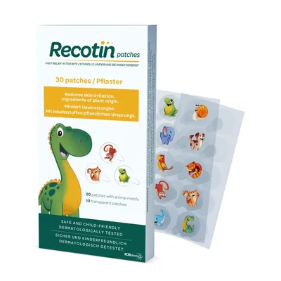 Immagine prodotto di Cerotti anti-zanzare Recotin – 30 pezzi - Ingredienti naturali - Senza biocidi - Per adulti e bambini - 20 con motivi animali + 10 trasparenti