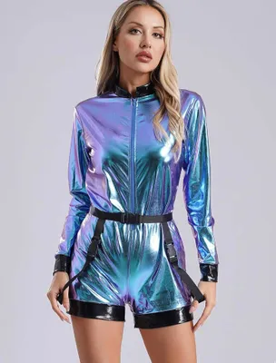 Produktbild von Damen Metallic Astronauten Jumpsuit – Kostüm in Größe XXL für Halloween und Mottopartys – Raumfahrer Langarm-Bodysuit in Metallic-Optik