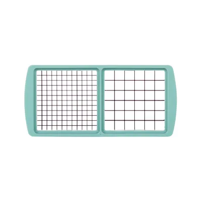 A teal colored kitchen gadget with two sections of grids for cutting vegetables.