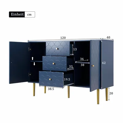 Image de OKWISH Buffet 80x40x75 cm - 3 Tiroirs, 2 Portes, Étagère Réglable - Bleu Marine