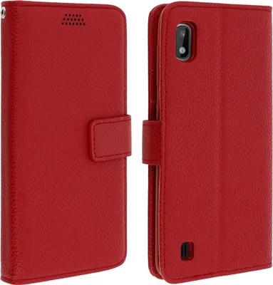 A red flip cover for a smartphone, shown from two angles.