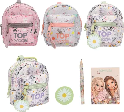 A collection of Top Model branded items including mini backpacks, a pencil, and a notebook, arranged on a white background.