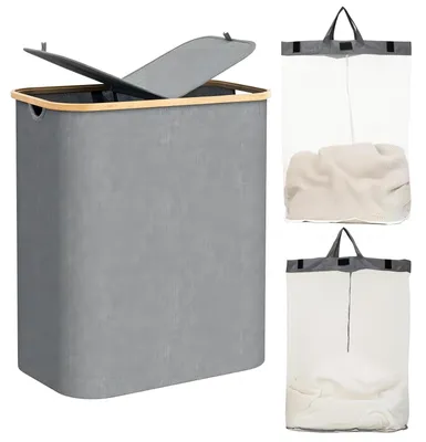 Imagen del producto de Cesta de la ropa con tapa, cesta de la ropa de 2 compartimentos con 2 bolsas de lavado extraíbles, caja de ropa plegable, tela Oxford impermeable, gran capacidad, cesta de la ropa para baño, dormitorio y lavadero (Gris, Talla M)