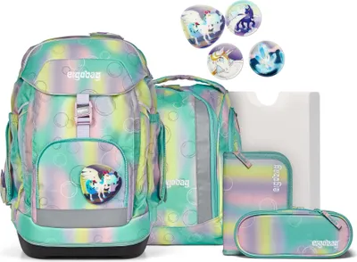 A collection of school supplies including a backpack, pencil case, and other accessories, all with a pastel, iridescent, bubble-like pattern.