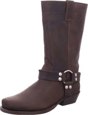 A single brown leather boot is shown against a white background.