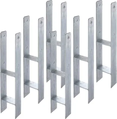 A group of H-shaped metal post anchors arranged in a staggered pattern against a white background.
