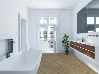 Produktbild von Falquon | 1,75 m² | Braun 6 mm SPC Vinylboden Herringbone Fischgrät Eiche York, Rigid Klickboden wasserresistent für Feuchträume, mit Trittschalldämmung, 0,55 mm Nutzschicht, Nutzungsklasse 34