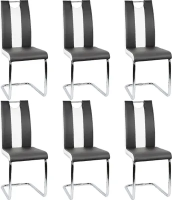 Produktbild von 6er-set Esszimmerstühle Freischwinger Schwingstuhl Küchenstuhl aus Metall & Kunstleder,Hochlehner Sitzgruppe für Esszimmer&Küche Weiß+schwarz