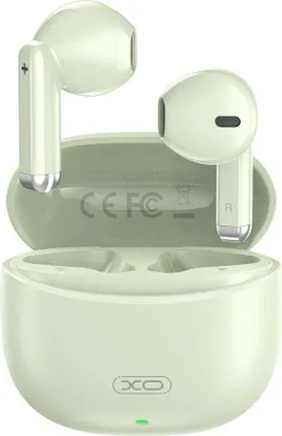 A pair of light green wireless earbuds and their charging case are displayed against a white background.