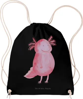 Produktbild von Mr. & Mrs. Panda Jutebeutel Axolotl Glücklich - Schwarz - Geschenk, sporttasche klein, Schwanzlurch, Stoffbeutel, Lebensfroh, Lurch, wander rucksack, Turnbeutel, Beutel