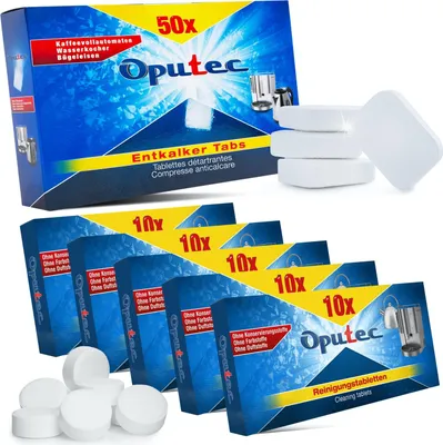 Produktbild von Oputec Reinigungsset für Kaffeevollautomaten | 50 Entkalker Tabs + 50 Reinigungstabs | Kompatibel zu allen Kaffeemaschinen