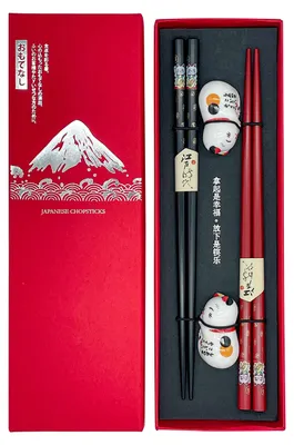 Produktbild von Sushi-Essstäbchen-Set mit Katzen-Keramik-Untersetzer – 2 Paar
