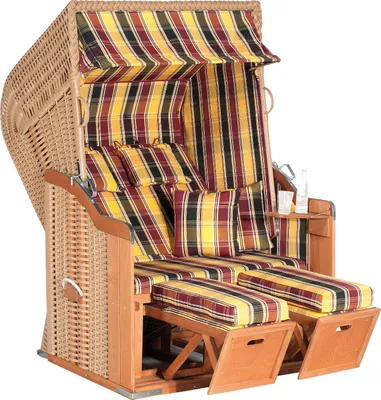 Produktbild von Rustikal Strandkorb 250 Plus 2-Sitzer, Halblieger Ostseeform, Geflecht beige, Strukturpolyester rot-gelb-schwarz-kariert, Fichtenholz lasiert, ca.125x90x160