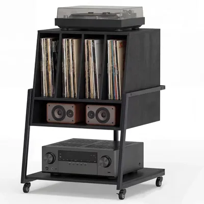 Obrázok produktu pre Stojan na gramofón KOMFOTTEU, stolík na vinylové platne s integrovanou nabíjacou stanicou, široká doska, 4 priečky a spodná polica, drevený stojan na platne do pracovne a hudobnej miestnosti, 54 x 57 x 76,5 cm