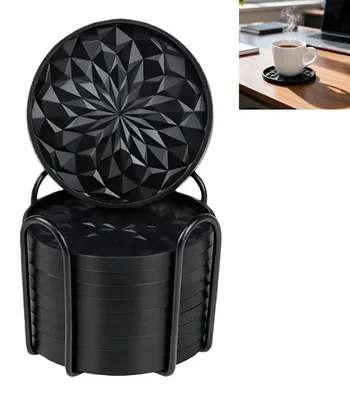 Produktbild von Untersetzer Set 10 Stück Silikon, rutschfest & hitzebeständig, dick mit Rand, tropfsicher, mit Halter, schwarz, für Glas Tasse Tischschutz