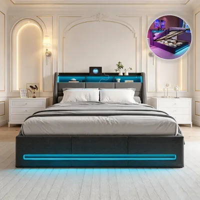 Produktbild von INONEF Polsterbett 140x190cm, Doppelbett mit Stauraumkopfteil und LED, Hydraulisches Boxspringbett, Jugendbett mit USB und Steckdosen, Leinen, Grau