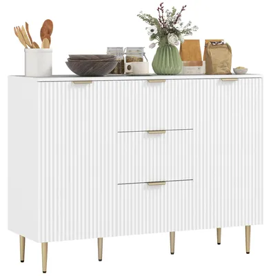 Image de Buffet HOMCOM moderne avec 3 tiroirs, 2 placards et étagères réglables, en bois et métal, de couleur blanche