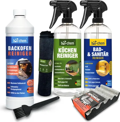Produktbild von bio-chem Küchenreiniger Set 6-teilig: 1x Backofenreiniger inkl. Pinsel, 1x Küchen Reiniger, 1x Kalkreiniger, 1x Küchenschwamm & 1x Mikrofasertuch- Für Küche, Backofen, Küchenfronten & Armaturen