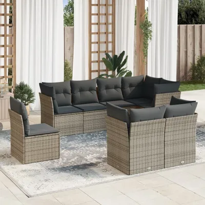 Produktbild von Design 8-tlg. Garten-Sofagarnitur mit Kissen Grau Poly Rattan, Gartenmöbel-Sets 2024 Neu