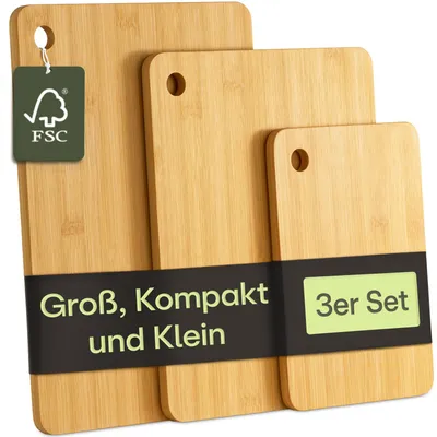 Image de Lot de 3 planches à découper en bois – Polyvalentes et robustes – Planches de cuisine en bambou durables et pour les légumes, la viande et le pain – Différentes tailles