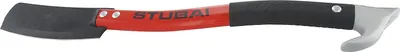 A product shot of a tool with a red handle and black grip.