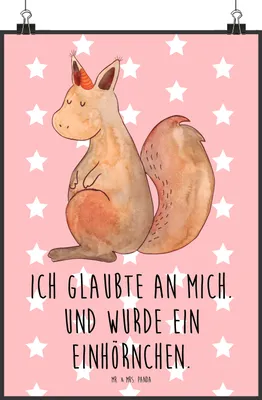 Produktbild von Mr. & Mrs. Panda Bild Einhorn Glauben DIN A2 - Rot Pastell - Geschenk, Plakat, Eichhörnchen, Eichhorn, Wandbild, Einhörnchen, drucke, Designposter, Unicorn, Wanddeko