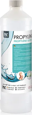 A bottle of Propylene Glycol with product information and graphics.