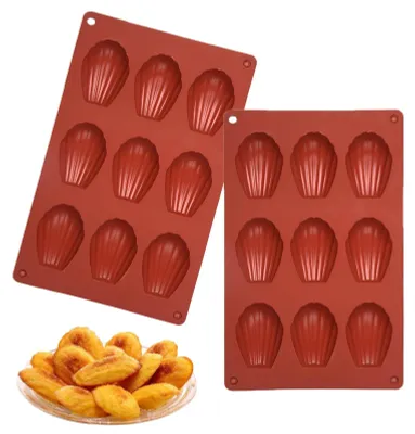 Productafbeelding van Set siliconen bakvormen voor madeleines - Schelpvormige mini-bakvormen met 9 holtes - Geschikt voor taarten en gebak - 2 stuks