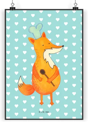 Produktbild von Mr. & Mrs. Panda Bild Fuchs Koch DIN A4 - Türkis Pastell - Geschenk, Wandbild, Deko, Plakat, Hungrig, wanddeko, Bäcker, drucke, Spruch Lustig, Chefkoch