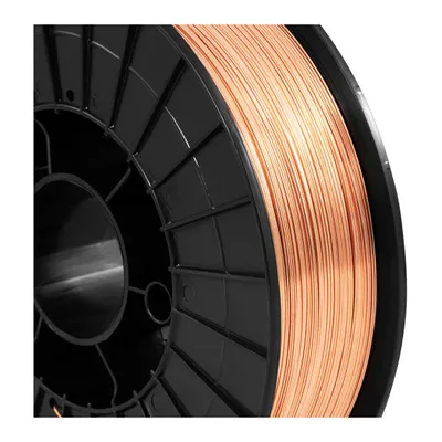 A close-up, studio shot of a spool of copper welding wire.