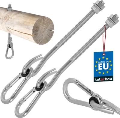 Produktbild von KOTARBAU® 2er Set Schaukelhaken mit Karabinerhaken M12 230 mm verzinkter Stahl Schaukelhaken für Holzbalken Karabinerhaken Schraubhaken Schwerlasthaken
