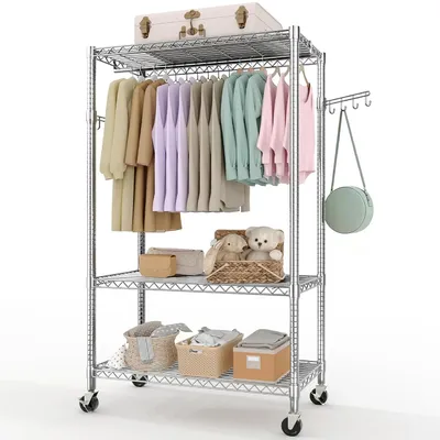 Produktbild von Kleiderständer mit Rollen - Freistehender Garderobenständer - 1 Kleiderstange - 3 verstellbare Drahtablagen - Seitenhaken - Rostbeständiger Stahl - 115 x 40 x 192 cm - Silber