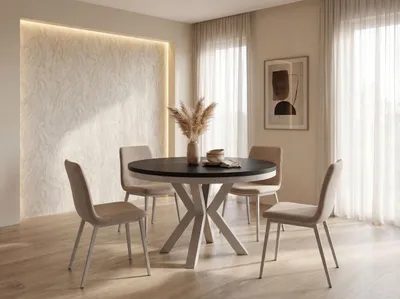 Produktbild von Runder Ausziehbarer Esstisch im Loft-Stil - Industrieller Tisch mit Grau-Beige Kaschmir Metallbeinen - Platzsparender Tisch für Wohnzimmer - Schwarz - 100 bis 180 cm