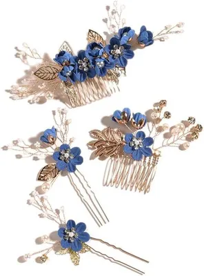 Productafbeelding van Elegant set haarspelden met bloemen en parels, geschikt voor bruidsmeisjes en bruiden, in marineblauw, 4-delig