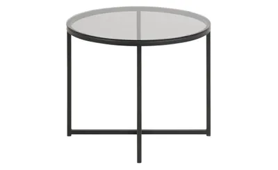 Zdjęcie produktu dla Cape stolik kawowy stół narożny, Ø 55 cm, przydymione szkło i czarny metal mat.