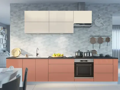 Produktbild von Küchenzeile FLORENCE Einbauküche 355cm weiß Front cremeweiß beigerot Hochglanz Teilauszug