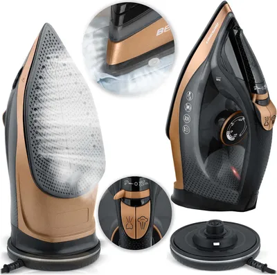 A collage of images showing a cordless steam iron from different angles, including close-ups of its soleplate and controls.